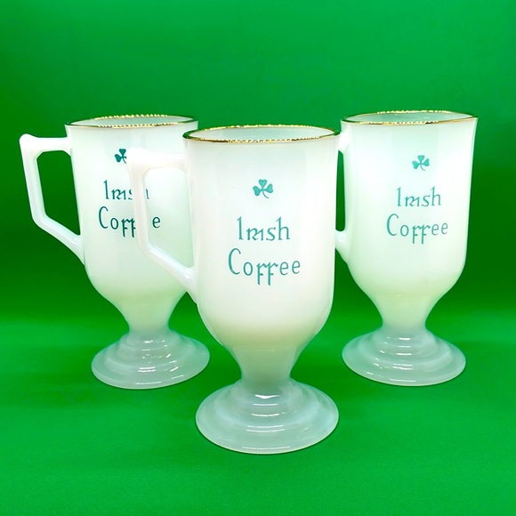 Dining Vintage Milk Glass Irish Coffee Mugs Set Of 3 White With Green Design 512 Poshmark